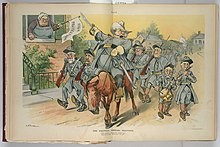 Illustration showing a troop of senators as Confederate soldiers, led by an officer on horseback labeled "Trusts", marching down a street past the house with "Barbara Fritchie" labeled "Dingley Tariff" leaning out the window, waving a flag labeled "High Protection", Puck, February 1905 The political Barbara Frietchie - J.S. Pughe. LCCN2011645678.jpg