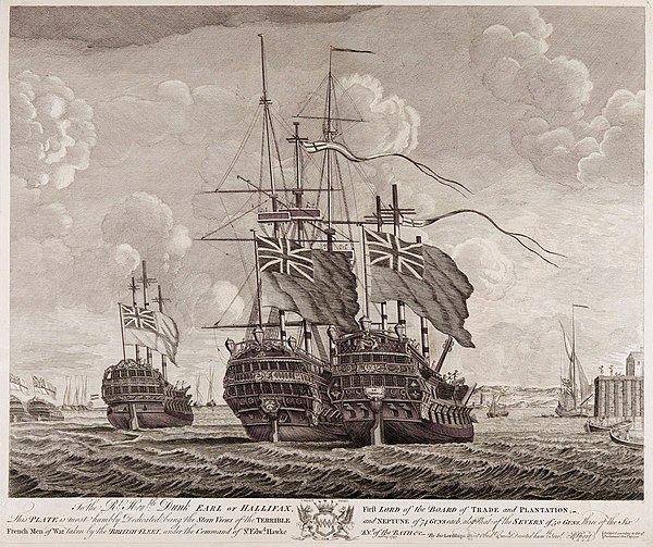 Three of the six French vessels captured during the battle: Terrible, Neptune and Severn