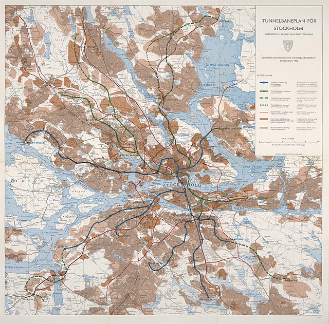 The 1965 Metropolitan Railway Plan for Stockholm [sv] which follows the current route alignments closely