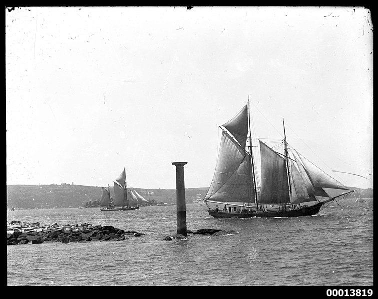 File:Two schooners sailing past the Ashton Park Beacon, Bradley's Head, Sydney (8121243335).jpg
