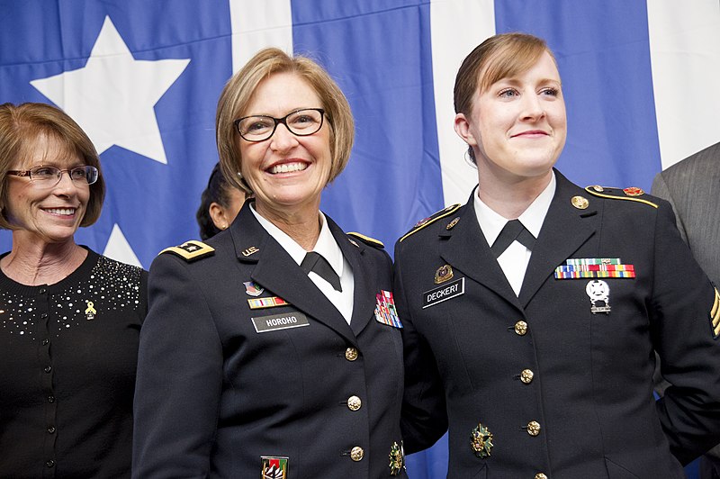 File:U.S. Army Sgt. Sarah M. Deckert, right, the Enlisted Aide of the Year awardee, stands on stage next to Lt. Gen. Patricia D. Horoho, the commanding general of U.S. Army Medical Command, during the USO 131113-D-HU462-150.jpg