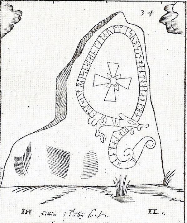 Runestone U 141 in a 17th-century drawing by Johan Hadorph