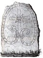 The runestone U 656. The inscription reads [r]uþ[i]lfR * lit * kera * merki [* þisa * e]ftiR * agmunt * sun * sin [*] In English "Hróðelfr had these landmarks made in memory of Agmundr, her son."