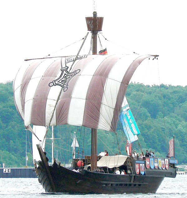 In 1962 a well-preserved wreck of a cog dated to 1380 was found near Bremen, Germany. This is a full-size reproduction. Merchant vessels such as these