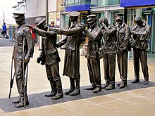 Victory Over Blindness sculpture outside Manchester Piccadilly station to commemorate the centenary of World War I and partly funded by Blind Veterans UK Victory Over Blindness, Manchester (1).jpg