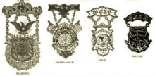 In 1897, the Demorest Medal Contests system merged with that of the WCTU, which designed its own series of medals (pictured). Adelia E. Carman served as the medal department Supervisor for 30 years. WCTU series of medals (The National Advocate, 1907) (cropped).png