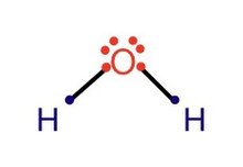 This figure of the water molecule shows how the electrons are distributed with the covalent counting method. The red ones are the oxygen electrons, and the blue ones are electrons from the hydrogen atoms. Water molecule covalent counting.jpg