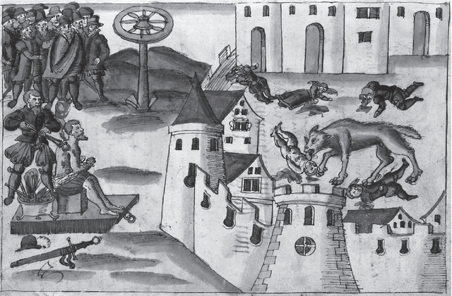 "Em Genebra, um indivíduo, transformado em lobo, ceifou a vida de 16 crianças; sendo posteriormente executado em 15 de outubro de 1580". Desenho a caneta colorido por Johann Jakob Wick.