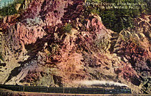 A Western Pacific passenger train in the Feather River canyon, c. 1910s Western Pacific in Feather River grand canyon.JPG