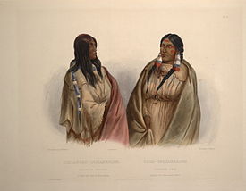 Shoshoni (left) and Cree women, 1840s Woman of the Snake tribe and woman of the Cree tribe 0066v.jpg