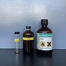 Xylene isomers are also used as solvents in laboratories. Note that in the photo, o-xylene, not being stored in a brown glass bottle, appears to have auto-oxidized. Xylenes isomers.jpg