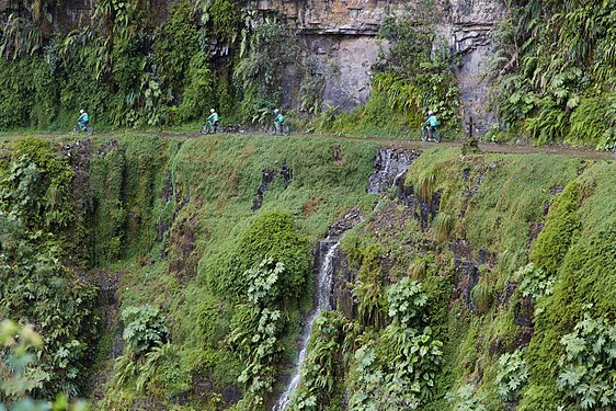 Mountain bikers on Yungas Road in Bolivia