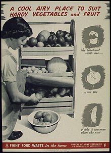 Bureau of Home Economics poster promoting the fight against food waste in the home during World War II "A Cool Airy Place to Suit Hardy Vegetables and Fruit" - NARA - 514740.jpg