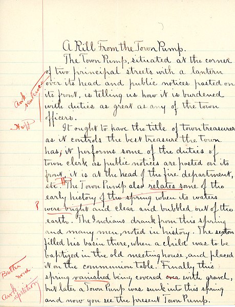 File:"A Rill from the Town Pump" essay by Sarah (Sallie) M. Field, Abbot Academy, class of 1904 - DPLA - 62377331b08262c5f79a1be52f7fc757 (page 1).jpg