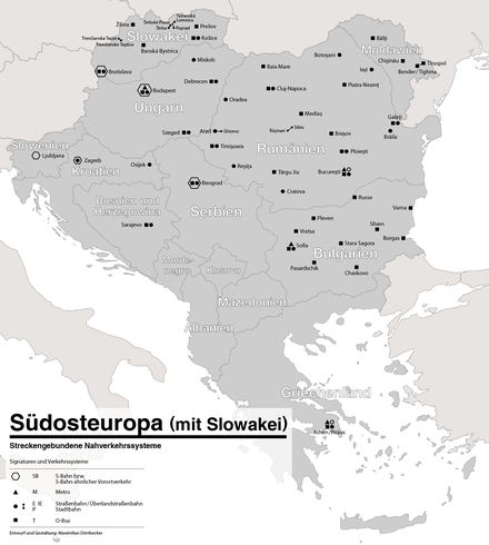 Carte des réseaux de transports en commun d'Europe du Sud-Est et de la Slovaquie avec systèmes RER, tram-train, métro, métro léger, tramway ou trolleybus.