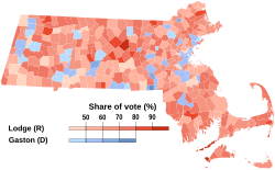 Mapa de resultados da eleição de 1922 para o Senado dos Estados Unidos em Massachusetts por municipalidade.