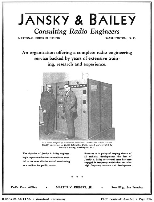 1940 Jansky & Bailey advertisement featuring the W3XO transmitter.[2]