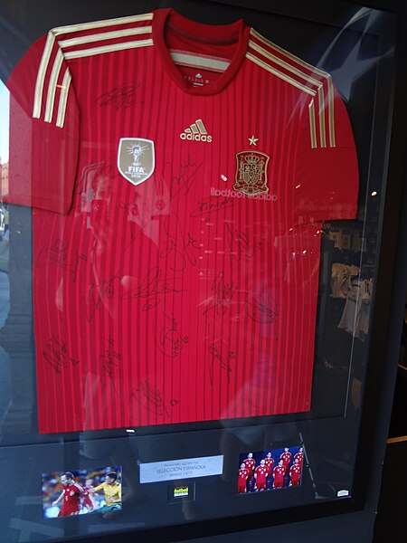 A Spain shirt from 2014, autographed by members of the 2010 World Cup-winning squad, on display in Madrid