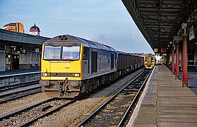 60015 Bow Fell with Transrail branding at Cardiff in 1996