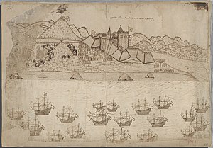 Dutch troops on the shore who have landed are shown battling with natives to take the local fort AMH-7708-NA View of the fort and the roadstead at Elmina.jpg