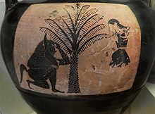 A Chalkidian Amphora, ca. 550 BC, showing a satyr startling a maenad. Museo Nazionale Etrusco, Rome.