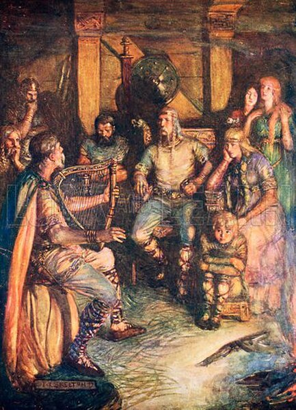 The traditional view is that Beowulf was composed for performance, chanted by a scop (left) to string accompaniment, but modern scholars have suggeste