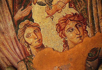 Achilles being adored by princesses of Skyros, from a mythological scene in which Odysseus (Ulysses) discovers him dressed as a woman and hiding among the princesses at the royal court of Skyros. A late Roman mosaic from La Olmeda, Spain, 4th–5th centuries AD