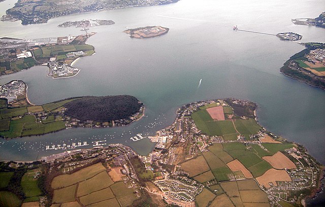 Aerial view of lower Cork Harbour from Crosshaven (south/foreground) to Great Island