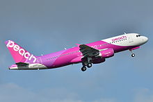 A Peach Airbus A320 departs Toulouse–Blagnac Airport, France on a pre-delivery flight. (2013)