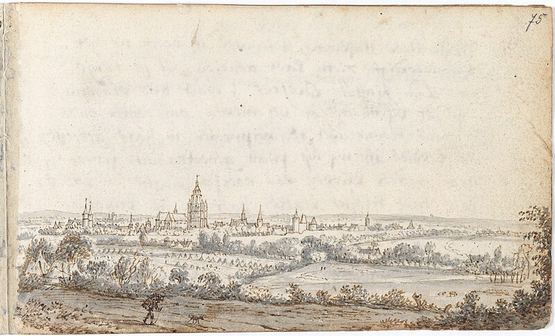 File:Album amicorum Jacob Heyblocq KB131H26 - p075 - Willem Schellinks - Drawing - View of Arnhem from the North-West.jpg