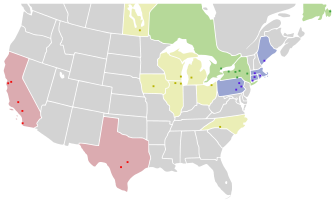 Team locations and divisional alignment in the 2014–15 season prior to the franchise relocations