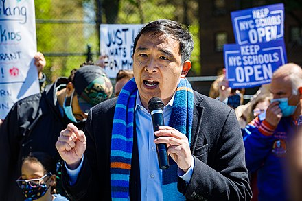 Yang campaigning for Mayor in May 2021