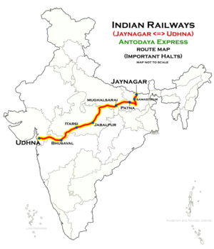 Antyodaya Express (Jaynagar - Udna) ekspres yo'nalishi map.png