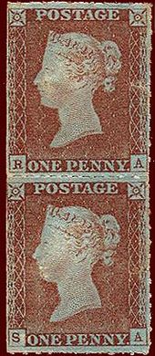 Vertical pair of 1d red, from Plate 70, perforated with the Archer experimental roulette Archer Roulette.jpg