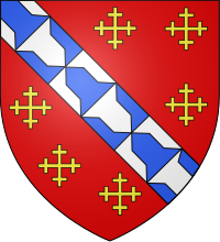 Arms of de Raleigh: Gules, a bend vair between six cross-crosslets or Arms of Raleigh.svg