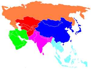 Map of Asia
.mw-parser-output .legend{page-break-inside:avoid;break-inside:avoid-column}.mw-parser-output .legend-color{display:inline-block;min-width:1.25em;height:1.25em;line-height:1.25;margin:1px 0;text-align:center;border:1px solid black;background-color:transparent;color:black}.mw-parser-output .legend-text{}
North Asia
Central Asia
East Asia
West Asia
South Asia
Southeast Asia Asiacolour.PNG