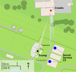 Kartta näyttää ampujan (punainen), Donald Trumpin (musta) ja salaisen palvelun vastahyökkäysryhmän (sininen) likimääräiset sijainnit ampumishetkellä.