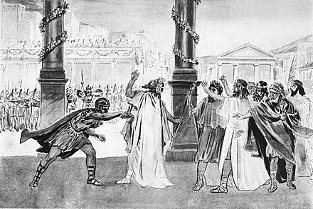 Assassination of Philip of Macedon. 19th-century illustration.