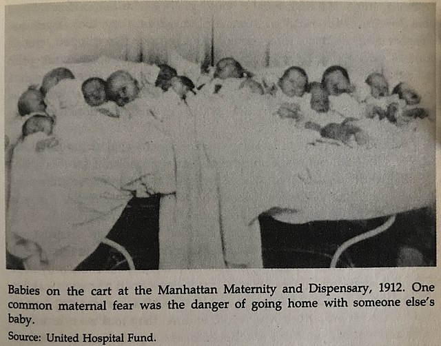 Babies on a cart at Manhattan Maternity and Dispensary in 1912