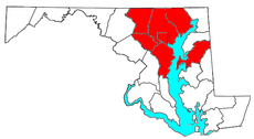 Kraje metropolitní oblasti Baltimore-Columbia-Towson jsou zvýrazněny červeně.