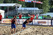 Deutsch: Beachhandball Europameisterschaften 2019 (Beach handball Euro); Tag 1: 2. Juli 2019 – Männer, Vorrunde Gruppe D, Frankreich-Montenegro 2:0 (19:7, 18:9) English: Beach handball Euro; Day 1: 2 July 2019 – Men Preliminary Round Group D – France-Montenegro 2:0 (19:7, 18:9)