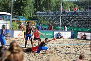 Deutsch: Beachhandball Europameisterschaften 2019 (Beach handball Euro); Tag 1: 2. Juli 2019 – Männer, Vorrunde Gruppe D, Frankreich-Montenegro 2:0 (19:7, 18:9) English: Beach handball Euro; Day 1: 2 July 2019 – Men Preliminary Round Group D – France-Montenegro 2:0 (19:7, 18:9)