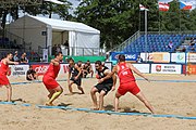 Deutsch: Beachhandball Europameisterschaften 2019 (Beach handball Euro); Tag 2: 3. Juli 2019 – Männer, Vorrunde Gruppe B, Serbien-Portugal 2:0 (20:15, 88:17) English: Beach handball Euro; Day 2: 3 July 2019 – Men Preliminary Round Group B - Serbia-Portugal 2:0 (20:15, 88:17)