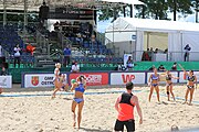 Deutsch: Beachhandball Europameisterschaften 2019 (Beach handball Euro); Tag 2: 3. Juli 2019 – Frauen, Vorrunde Gruppe C, Spanien-Griechenland 2:1 (12:20, 18:16; 8:2) English: Beach handball Euro; Day 2: 3 July 2019 – Women Preliminary Round Group C – Spain-Greece 2:1 (12:20, 18:16; 8:2)