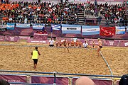 Deutsch: Beachhandball bei den Olympischen Jugendspielen 2018; Tag 6, 12. Oktober 2018; Mädchen, Hauptrundenspiel – Ungarn-Niederlande 2:1 English: Beach handball at the 2018 Summer Youth Olympics at 12 October 2018 – Girls Main Round – Hungary-Netherlands 2:1