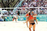 Deutsch: Beachvolleyball bei den Olympischen Jugendspielen 2018; Tag 9, 15. Oktober 2018; Mädchen, Viertelfinale: USA-Spanien 2–1 (21–19/17–21/15–9) English: Beach volleyball at the 2018 Summer Youth Olympics at 15 October 2018 – Girls Quarterfinals: USA-Spain 2–1 (21–19/17–21/15–9)