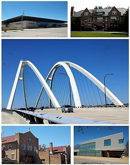 Top: Quad Cities Waterfront Convention Center, Bettendorf House, Middle: I-74 Bridge, Bottom: The Abbey Center, The Family Museum.