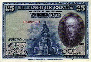 Calderón depicted on a 1928 25 Pesetas banknote. (Source: Wikimedia)