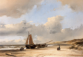 Bomschuiten met vissersvolk op het strand door Petrus Marius Brouwer (1819-1886)