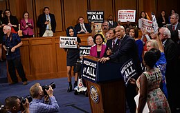 Booker speaks in 2017 in favor a single-payer healthcare system Booker Medicare for All (36492679924).jpg